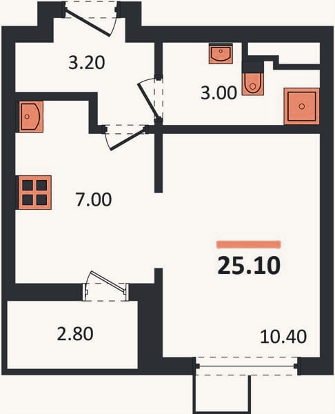 Планировка: 1-к, 25,1 м²
