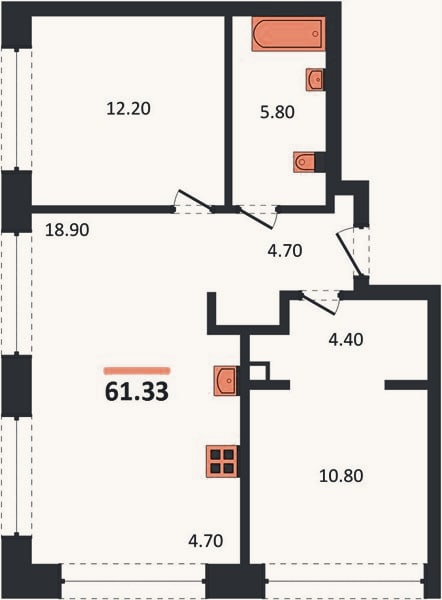 Планировка: 2-к, 61,3 м²