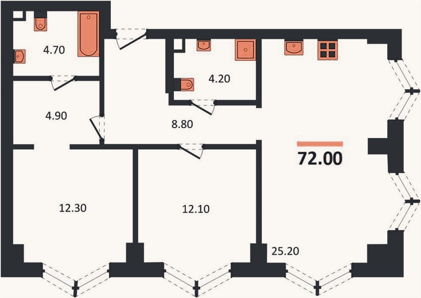 Планировка: 2-к, 72 м²