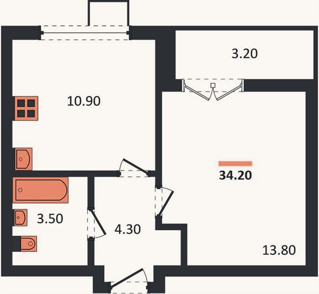 Планировка: 1-к, 34,2 м²