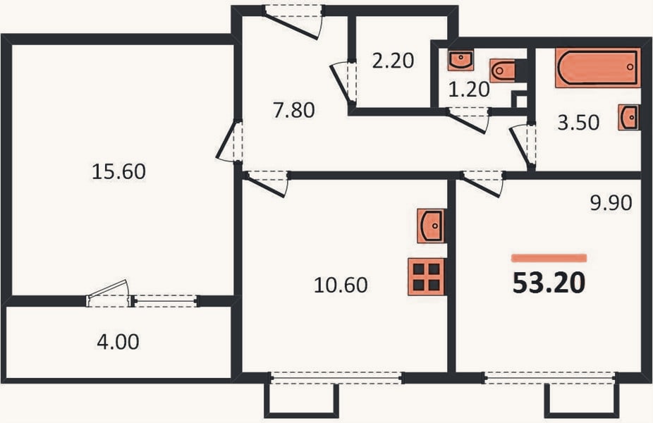 Планировка: 2-к, 53,2 м²