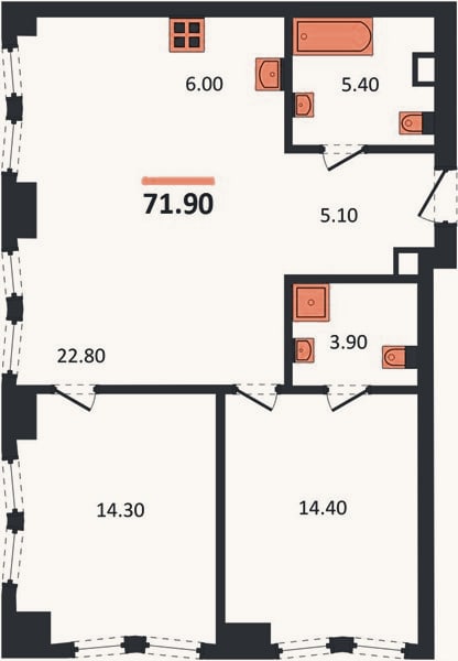 Планировка: 2-к, 71,9 м²