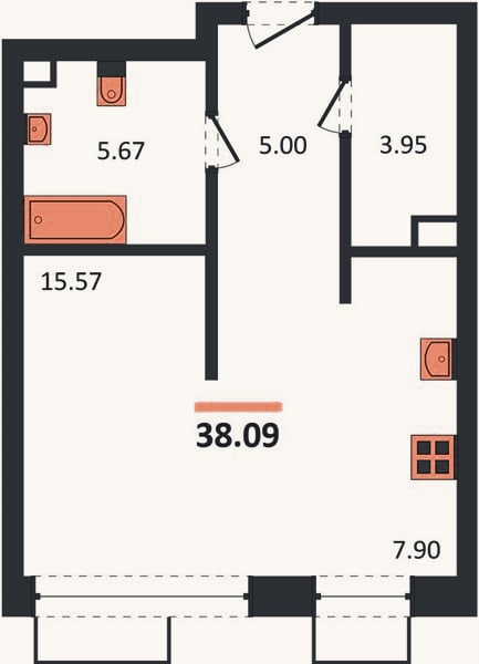 Планировка: Студия, 38,1 м²