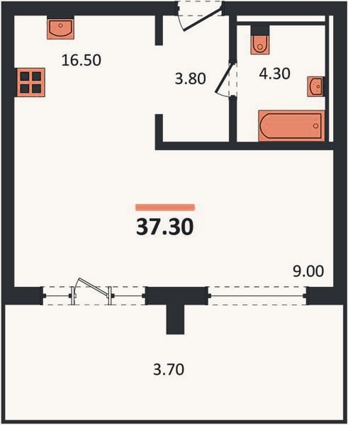 Планировка: Студия, 37,3 м²