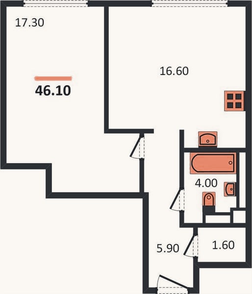 Планировка: 1-к, 46,1 м²