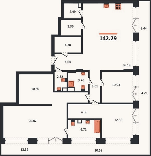 Планировка: 3-к, 142,3 м²