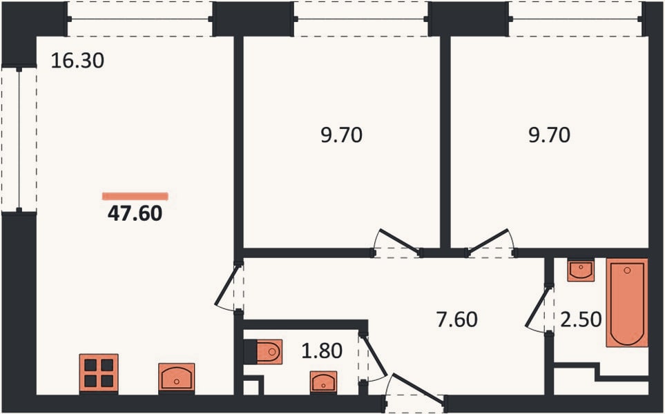 Планировка: 2-к, 47,6 м²