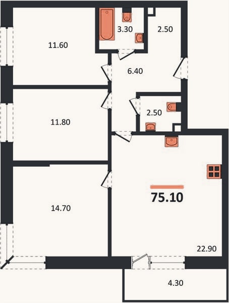 Планировка: 3-к, 75,1 м²