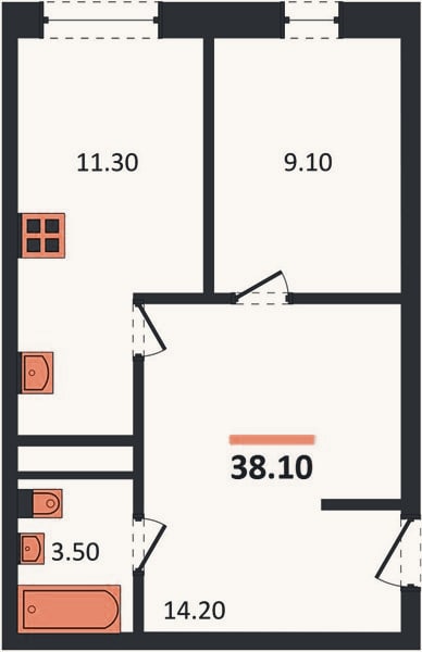 Планировка: 1-к, 38,1 м²