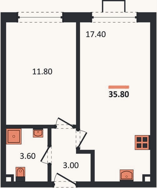 Планировка: 1-к, 35,8 м²