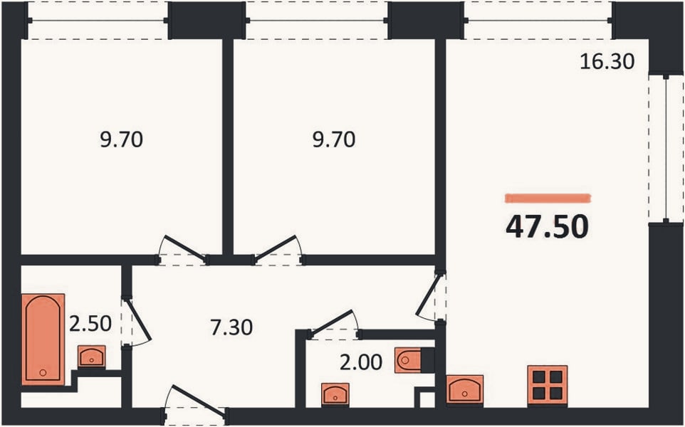 Планировка: 2-к, 47,5 м²