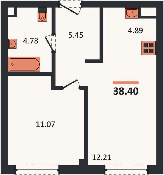 Планировка: 1-к, 38,4 м²