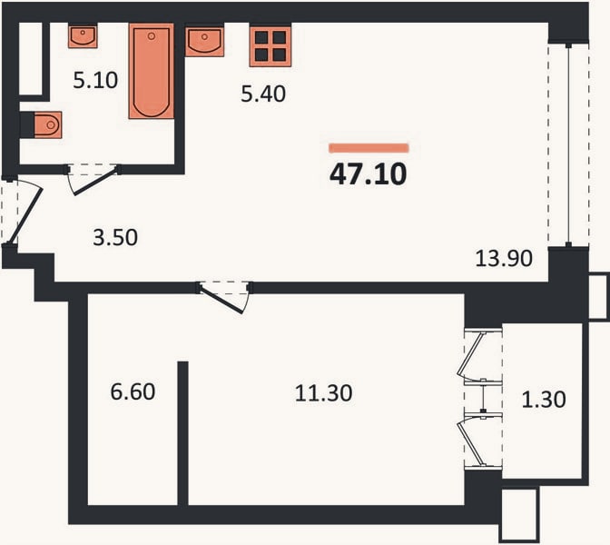 Планировка: 1-к, 47,1 м²
