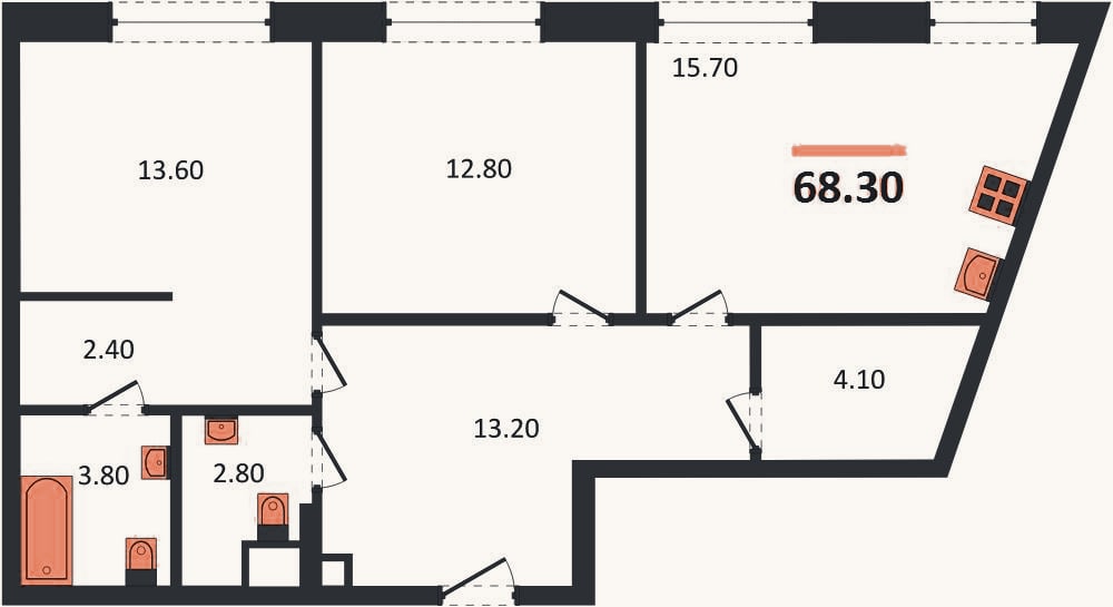 Планировка: 2-к, 68,3 м²