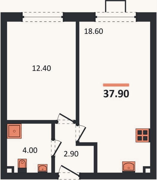 Планировка: 1-к, 37,9 м²