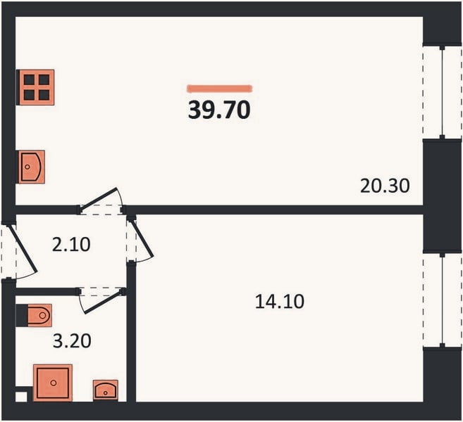 Планировка: 1-к, 39,7 м²