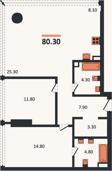 Планировка: 2-к, 80,3 м²