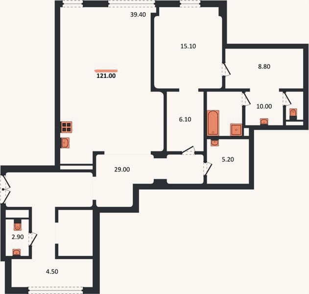Планировка: 1-к, 121,9 м²