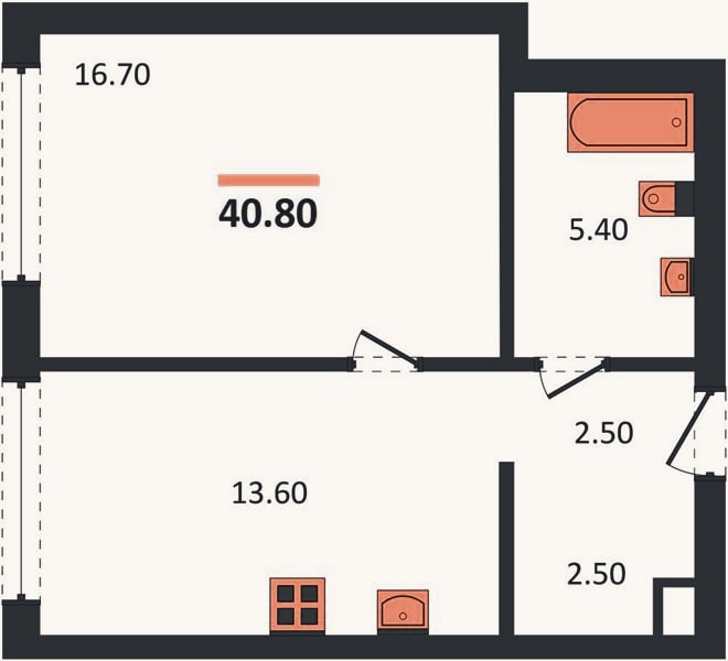 Планировка: 1-к, 40,8 м²