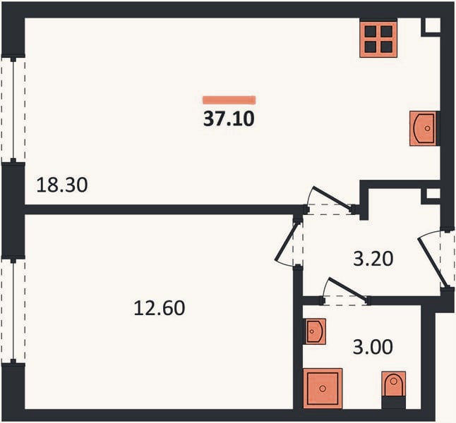 Планировка: 1-к, 37,1 м²