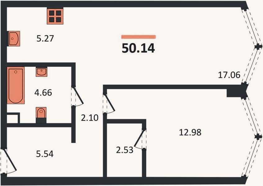 Планировка: 1-к, 50,1 м²