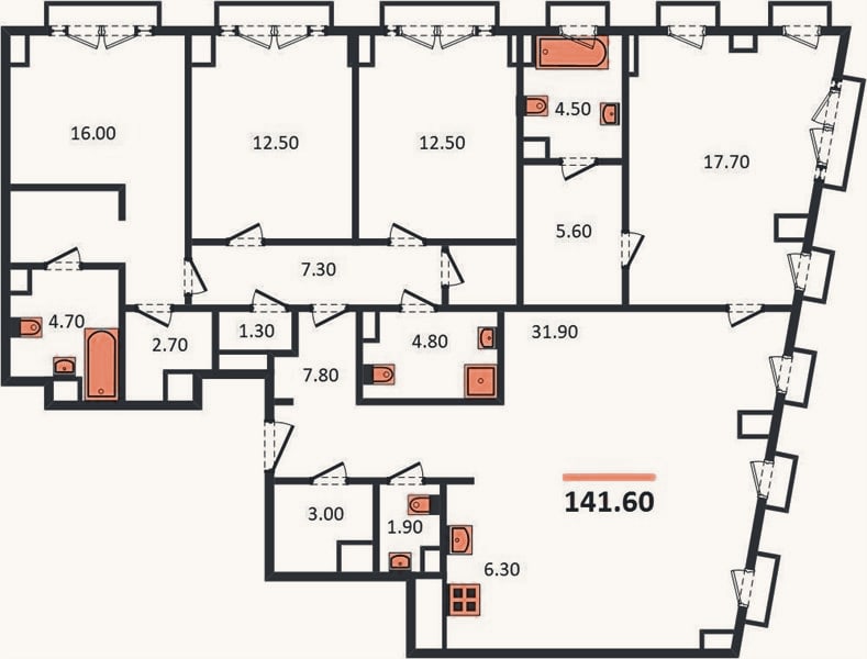 Планировка: 4+ к, 140,5 м²