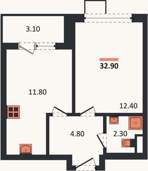 Планировка: 1-к, 32,9 м²