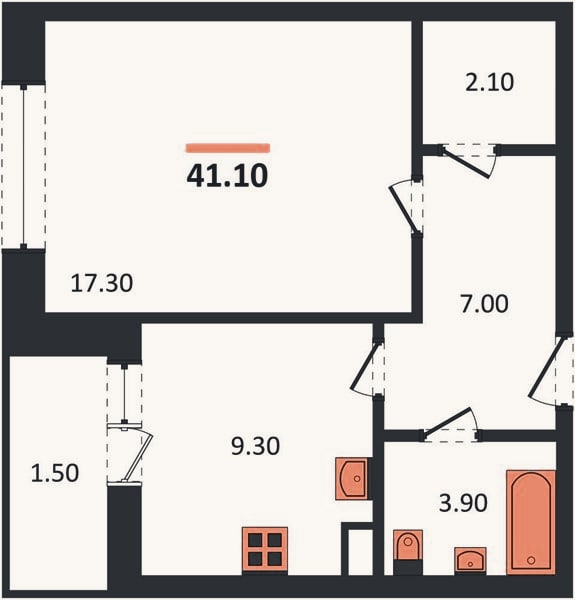 Планировка: 1-к, 41,1 м²
