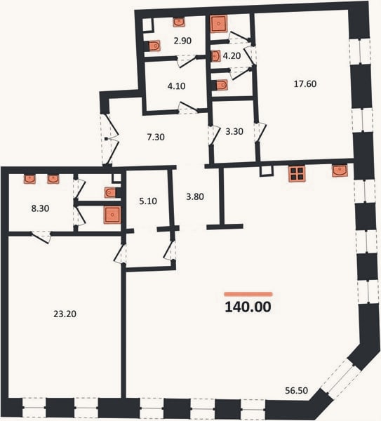 Планировка: 2-к, 140 м²