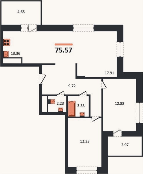 Планировка: 2-к, 75,6 м²