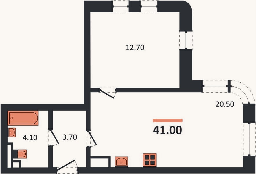 Планировка: 1-к, 41 м²