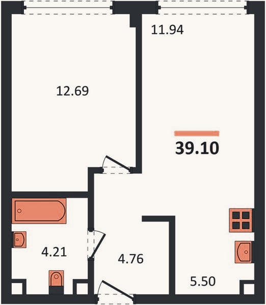 Планировка: 1-к, 39,1 м²
