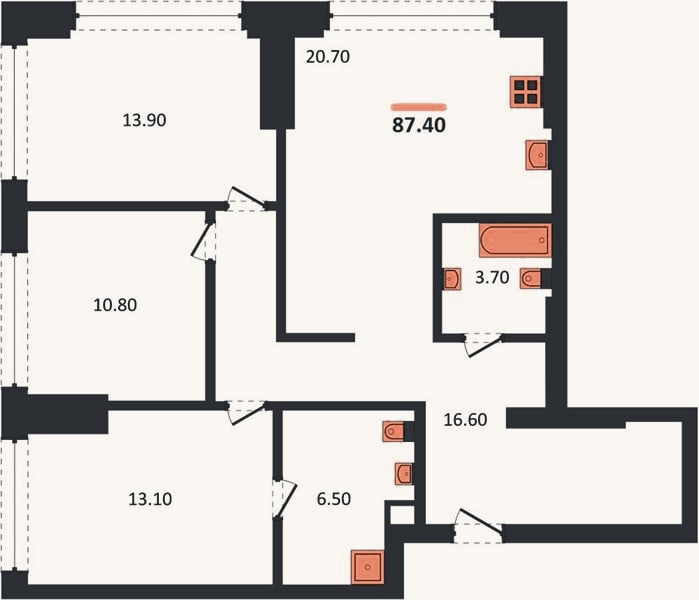 Планировка: 3-к, 87,4 м²