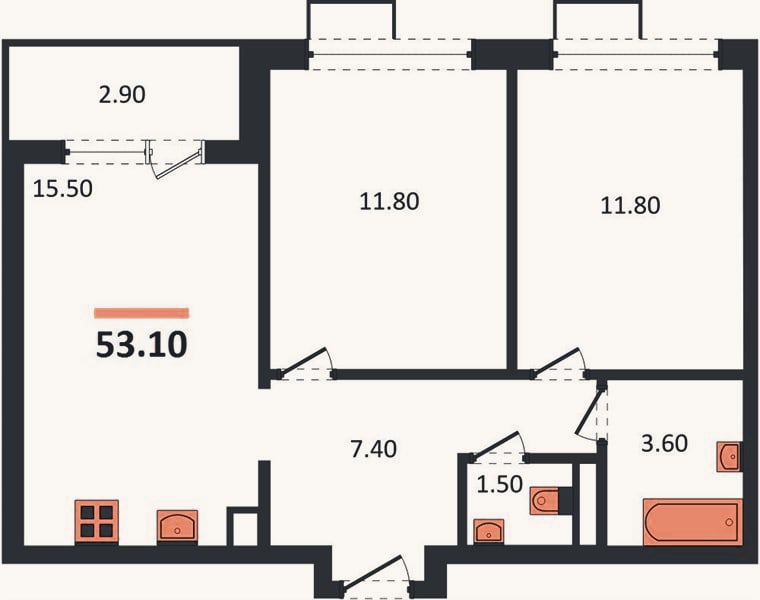 Планировка: 2-к, 53,1 м²