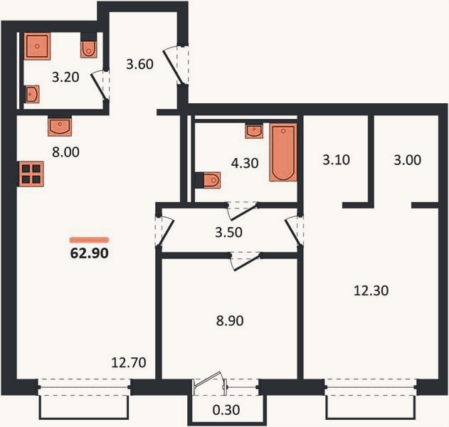 Планировка: 2-к, 62,9 м²