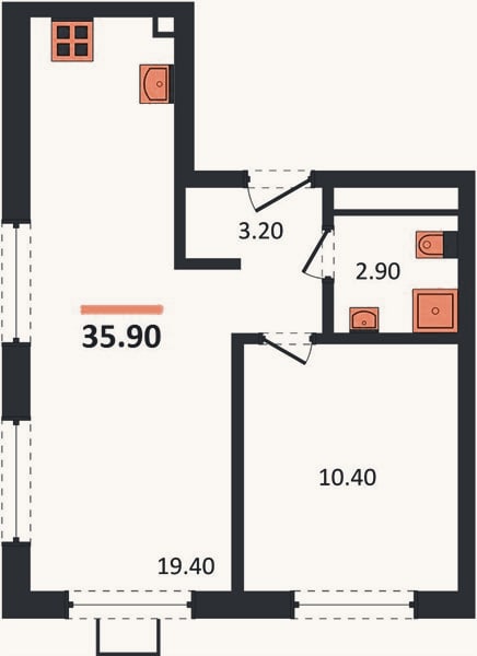 Планировка: 1-к, 35,9 м²