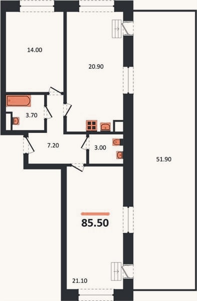 Планировка: 2-к, 85,5 м²