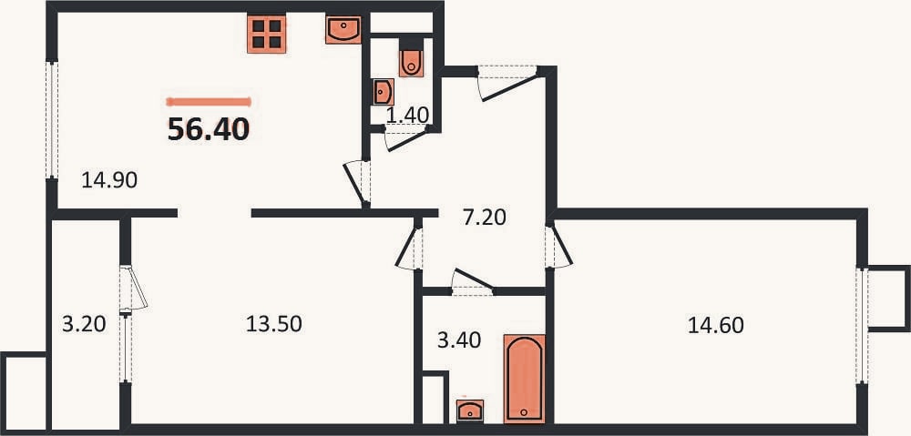 Планировка: 2-к, 56,4 м²