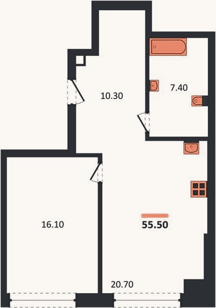 Планировка: 1-к, 55,5 м²