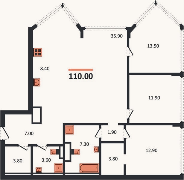 Планировка: 3-к, 110 м²
