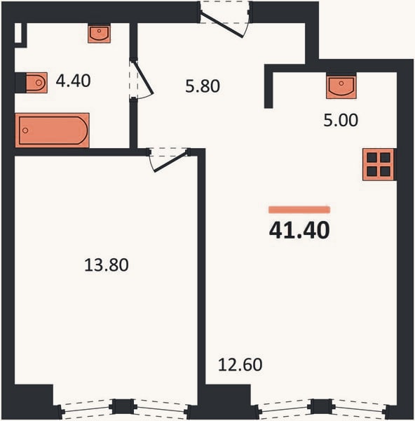 Планировка: 1-к, 41,4 м²