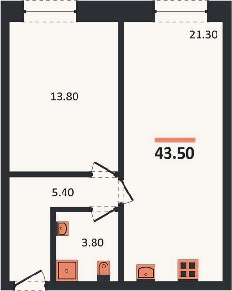 Планировка: 1-к, 43,5 м²