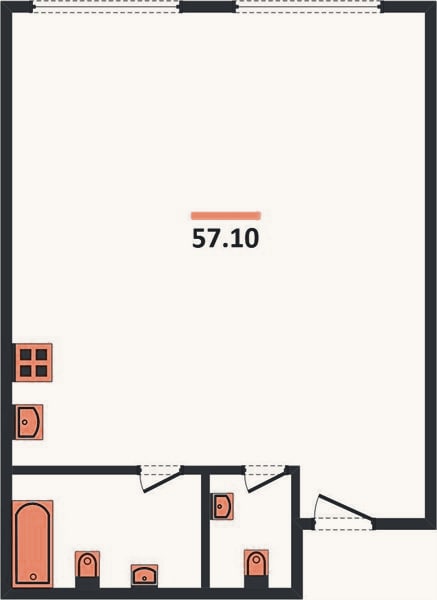 Планировка: 1-к, 57,1 м²