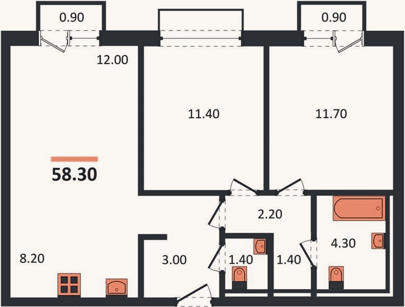 Планировка: 2-к, 58,3 м²