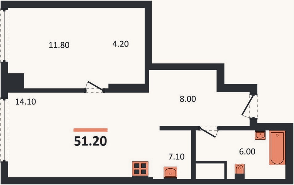 Планировка: 1-к, 51,2 м²