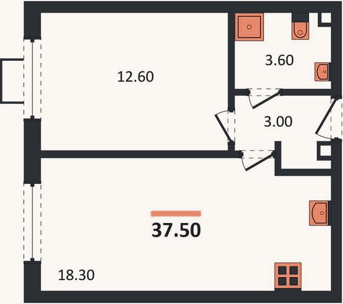 Планировка: 1-к, 37,5 м²