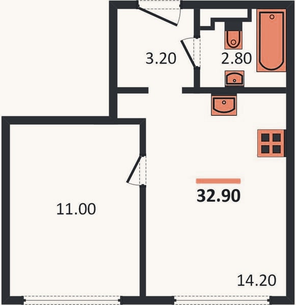 Планировка: 1-к, 32,9 м²