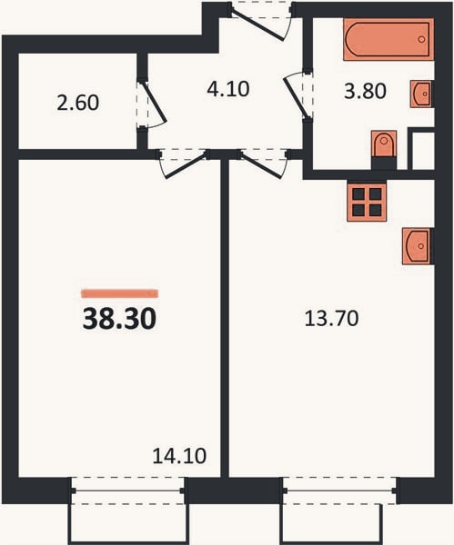 Планировка: 1-к, 38,3 м²