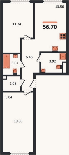Планировка: 2-к, 56,7 м²
