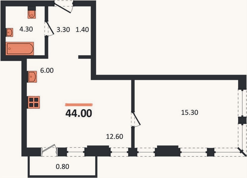 Планировка: 1-к, 47,5 м²